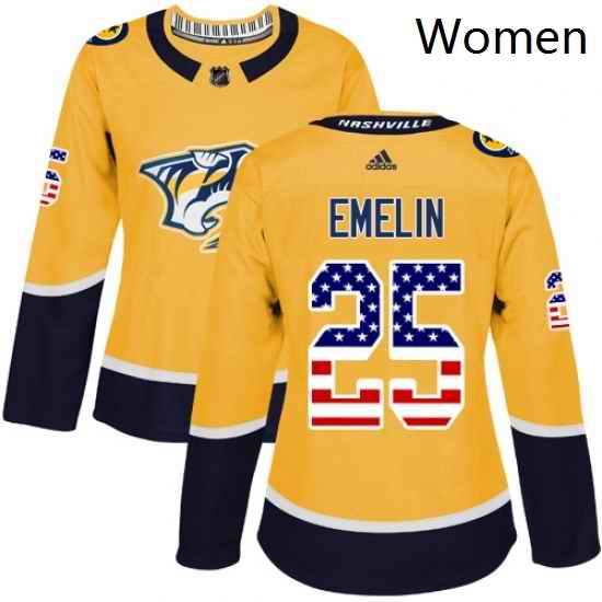 Womens Adidas Nashville Predators 25 Alexei Emelin Authentic Gold USA Flag Fashion NHL Jersey